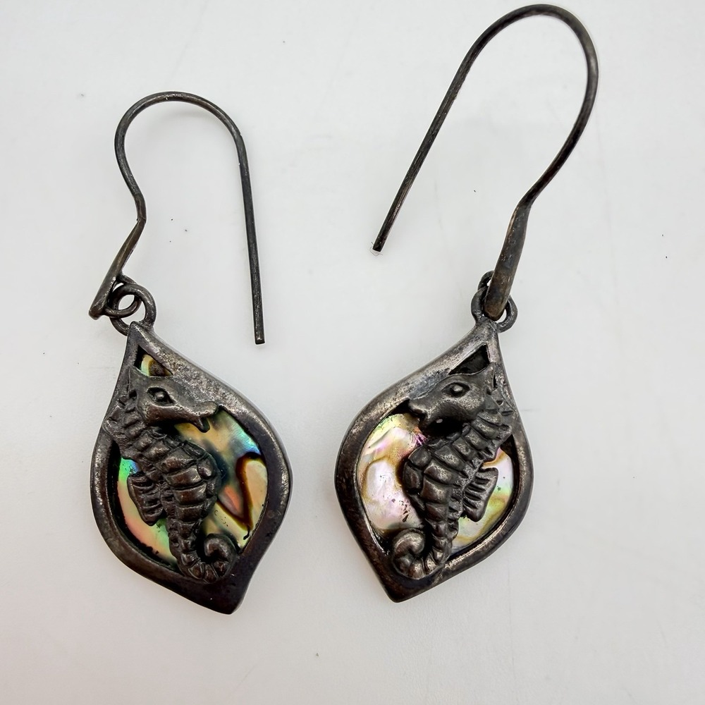Vintage Sterling Silver Seahorse Earrings Abolone Inlay Dangle Hand Made Estate